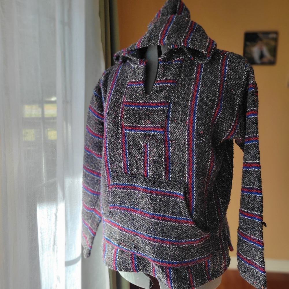 Baja Hoodie Grey with Blue, White,‎ and Red lines, Size small